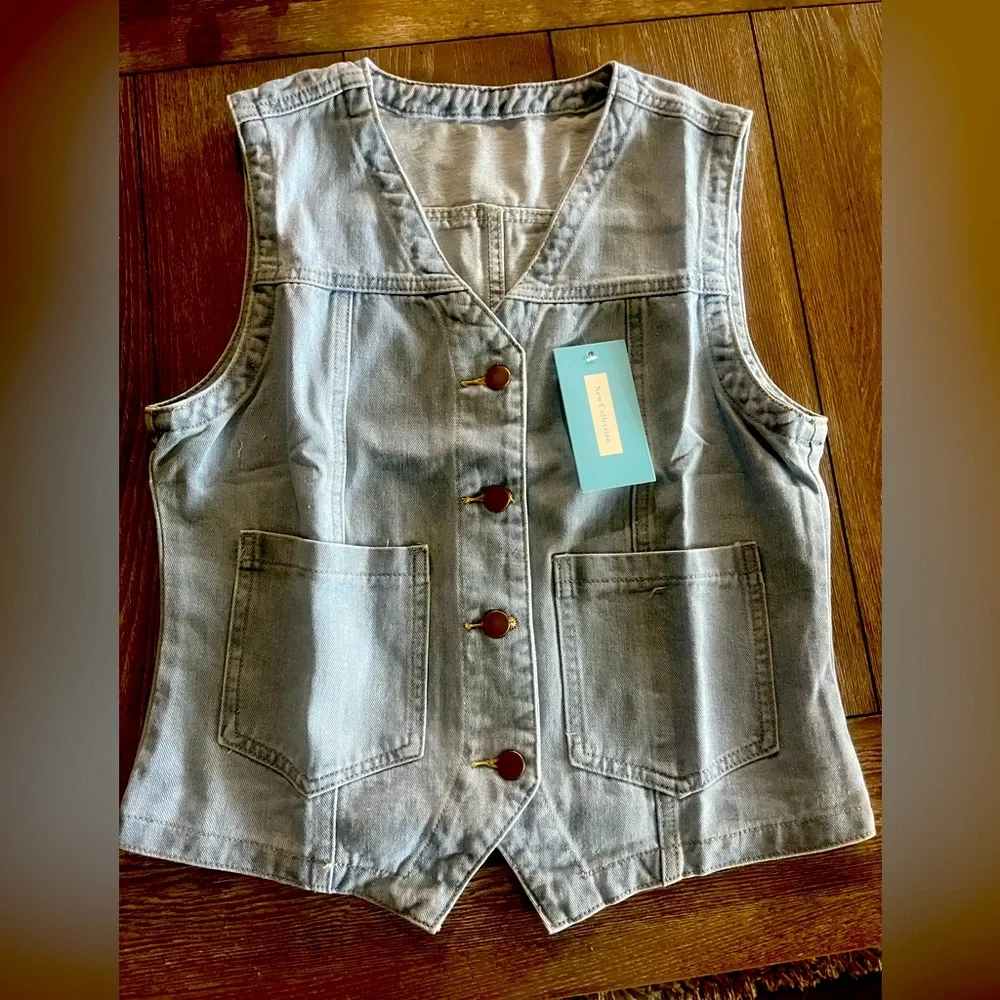 Sleeveless Denim Vest VNeck Button down Jean Jacket - Picture 1 of 2